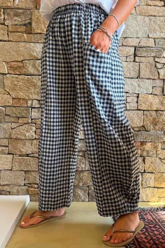 Nonni Gingham Relaxed Barrel Pant Navy